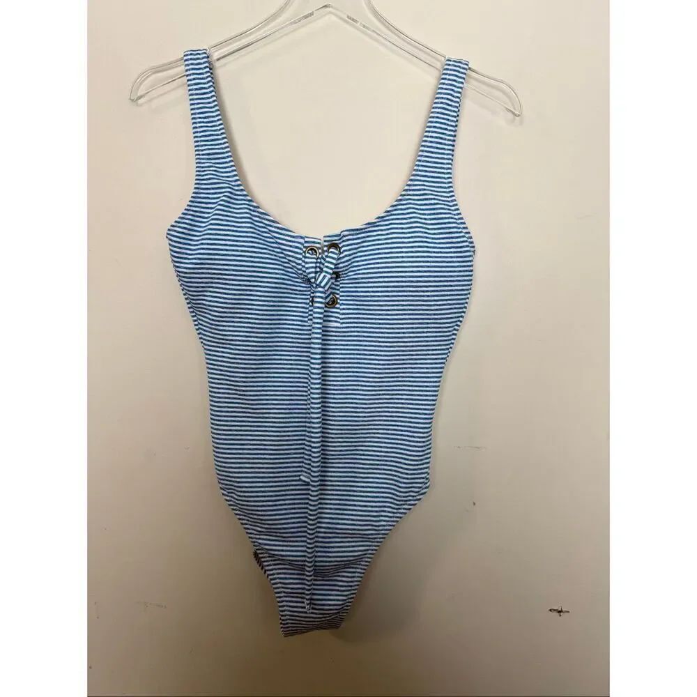 J. Crew Blue Stripe Lace Up One Piece AV281 Swimsuit 6 Retro Pinup Rockabilly